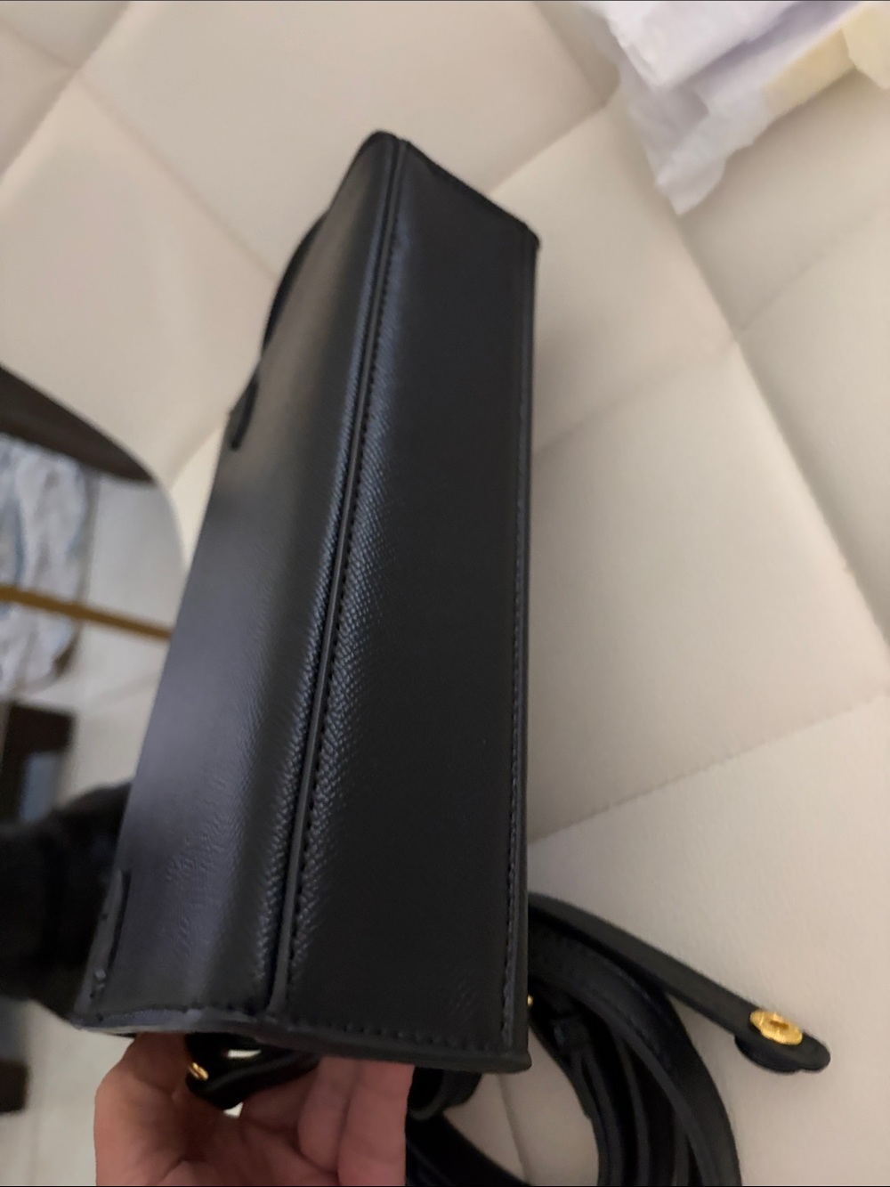 Black Leather Crossbody Bag with Gold Hardware two strap mini bag any phone fits - Picture 6 of 7